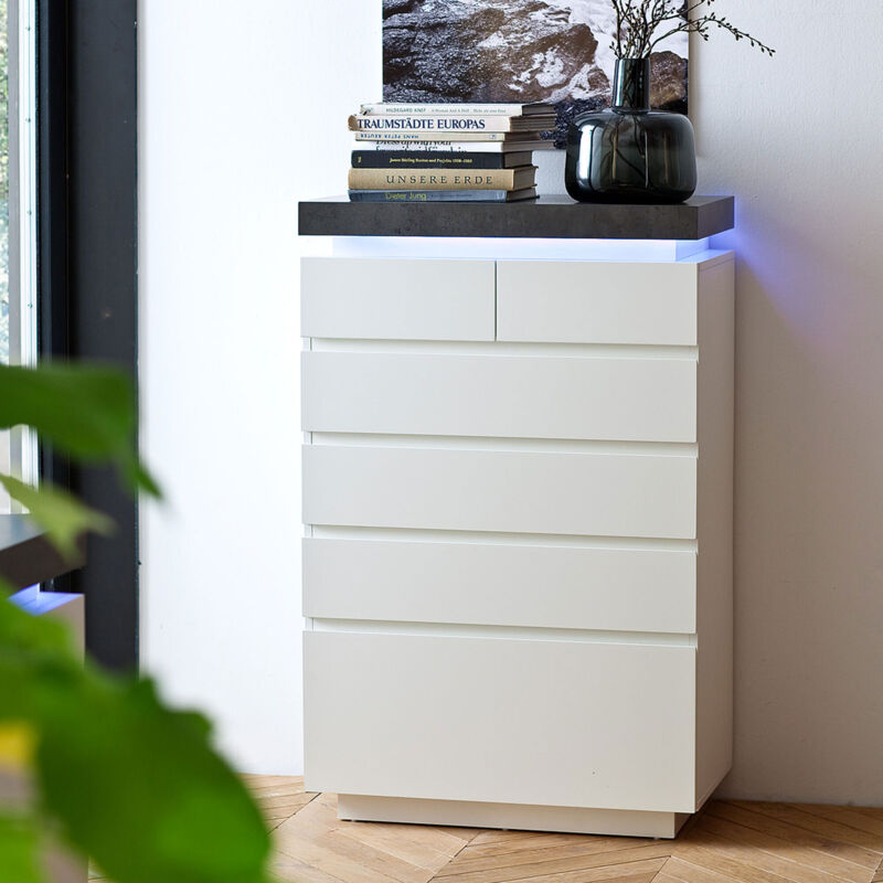 Commode 6 tiroirs avec LED décor blanc mat et béton - TYGO