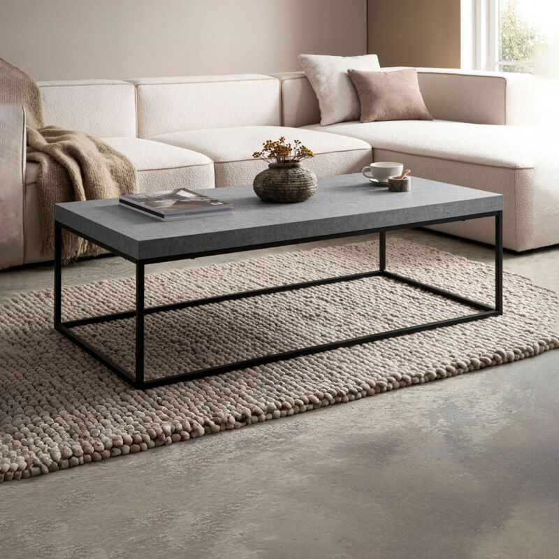Table basse rectangle 120x60x38 cm effet béton gris et métal - EKLEA