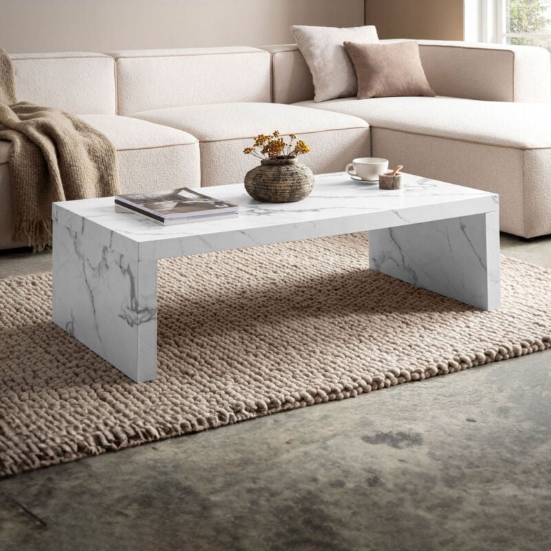Table basse rectangle 110x55x35 cm effet marbre blanc - EKLEA