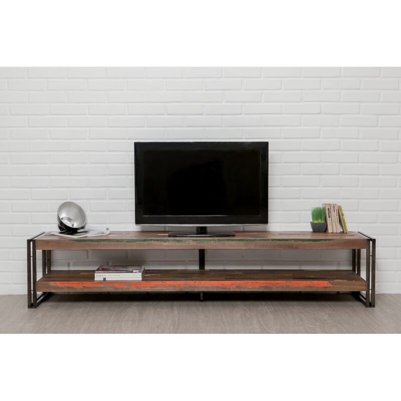 Meuble TV 200 Cm Style Italien Noir - Installation Sol Ou Mur, Pour Téléviseur Jusqu'à 75 Pouces, Rangement
