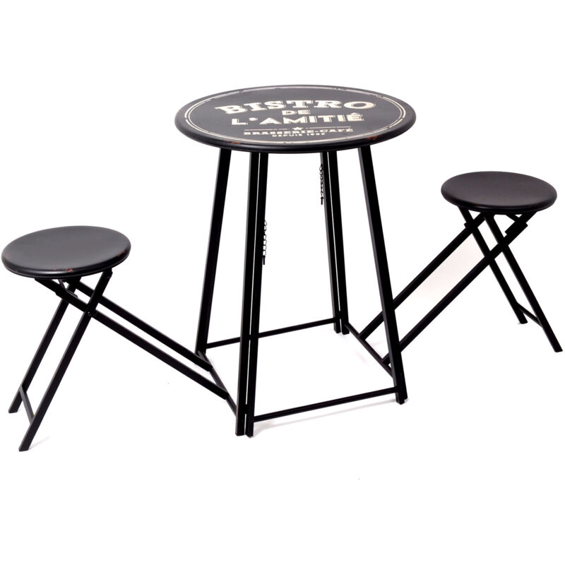 Table de bar ronde et 2 tabourets pliables en métal