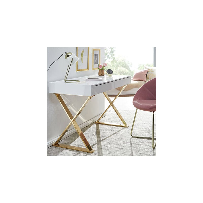 Bureau 2 tiroirs 118x57x76 cm blanc et pieds dorés