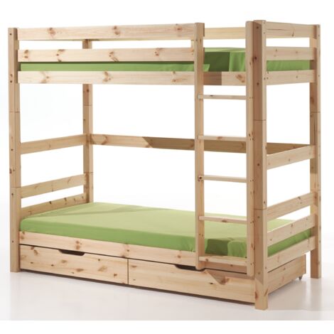 Lit superposé 90x200 avec 2 tiroirs pin massif clair Pino H 180cm (1/4)