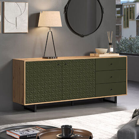 Buffet 2 portes 3 tiroirs chêne et vert – Dimensions 183 x 40 x 75 cm – Panneaux mélaminés et pieds métal – Rangement spacieux – Trendteam (1/6)