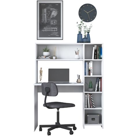 Asir Group Llc – Bureau droit avec rangement 6 niches – Dimensions 113,2x40x141,8 cm – Panneaux de particules mélaminés – Couleur blanche (1/10)