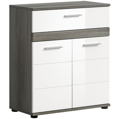 Meuble de rangement 2 porte 1 tiroir gris et blanc brillant - TWYNI (1/5)