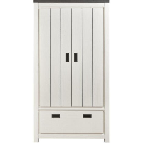 Armoire 2 portes 1 tiroir 98x55x180 cm décor bois blanc et noir (1/5)