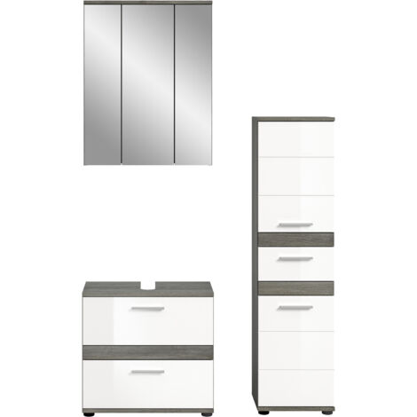 Ensemble salle de bain 3 meubles décor gris et blanc brillant - TWYNI (1/4)