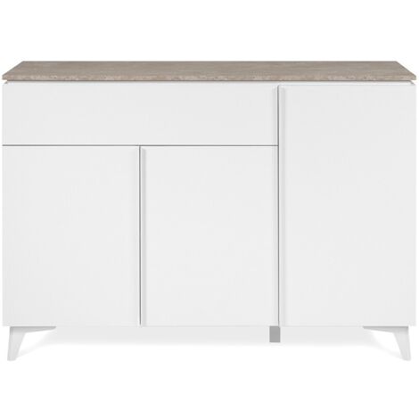 Buffet 3 portes 1 tiroir décor travertin et blanc - BERTIX (1/5)