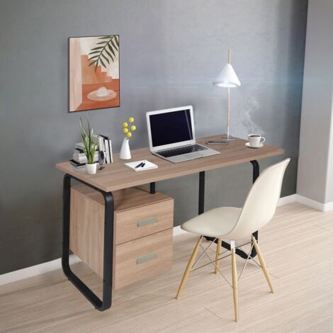 Le Quai Des Affaires – Bureau droit 120x60x76 cm – 2 tiroirs en panneaux mélaminés – Pieds en métal noir – Style industriel contemporain