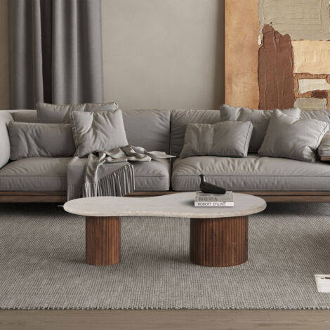 M&S – Table basse fixe 120x60x35 cm en bois de manguier massif – Plateau en travertin beige – Design épuré pour salon moderne