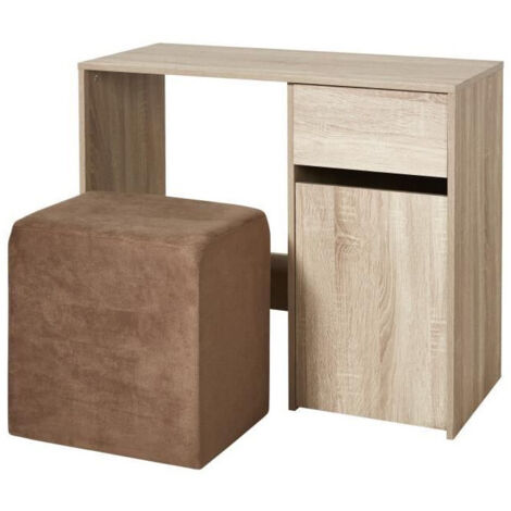 Bureau 90x40x75 cm décor naturel et un pouf marron (1/5)