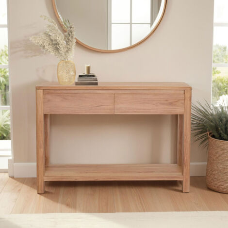 M&S – Console 2 tiroirs en teck massif 110x30x75 cm – Finition naturelle – Dimensions tiroirs 50x25 cm – Pour couloir ou séjour