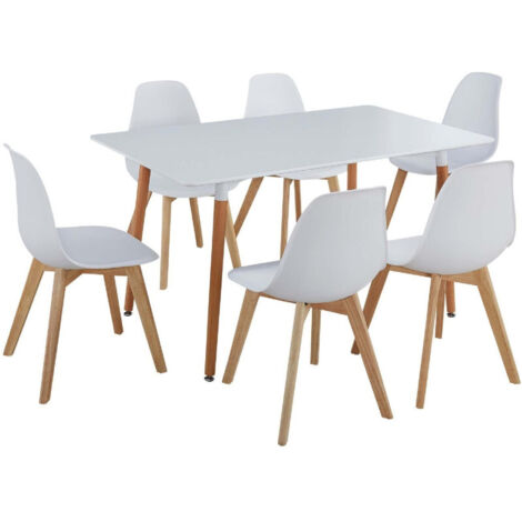 Ensemble repas table 140 cm et 6 chaises blanc et naturel (1/4)