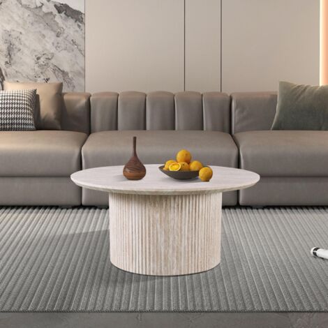 M&S – Table basse ronde 80x80x38 cm décor travertin beige – Panneaux de particules – Épaisseur plateau 2,5 cm – Prête à monter