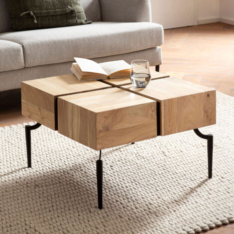 Table basse carrée 60x60x40 cm en acacia naturel et fer noir