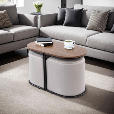 M&S – Table basse ovale 78x39x45 cm noir et naturel – 2 poufs en velours gris – Structure en métal – Design optimisé pour espaces réduits