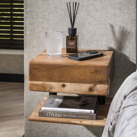 M&S – Table de chevet suspendue 1 tiroir – Acacia massif naturel – Dimensions 35x35x27 cm – Design moderne et fonctionnel