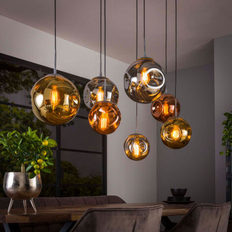 Suspension 7 lampes en verre doré cuivré, chromé et métal - TAHOE