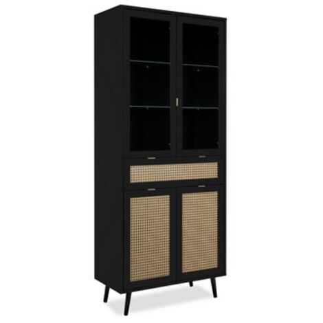 Calicosy – Buffet haut 4 portes 1 tiroir 80x40x195,1 cm noir et naturel – Panneaux mélaminés – Finition cannage décoratif – Pour salle à manger