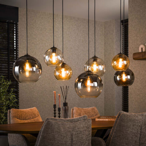 M&S – Suspension 7 lampes rondes en verre chromé, ambré et gris – Dimensions 145x45x150 cm – Ampoule E27 recommandée – Éclairage réglable