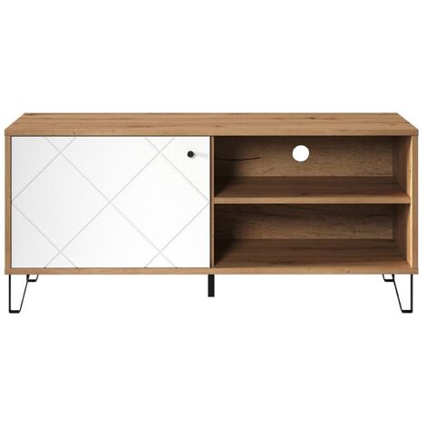 Meuble TV 1 porte 2 niches décor chêne et blanc mat - ARI (1/5)