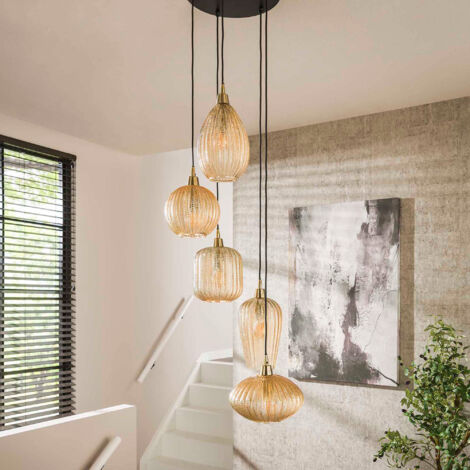 M&S – Suspension 5 lampes en verre ambré et métal – Dimensions 40x40x180 cm – Abat-jours réglables pour éclairage personnalisé