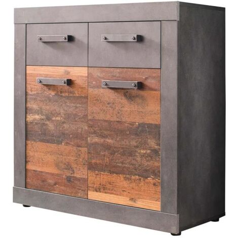 Buffet 2 portes 2 tiroirs 82x37x86 cm décor bois vieilli - LINDA (1/5)