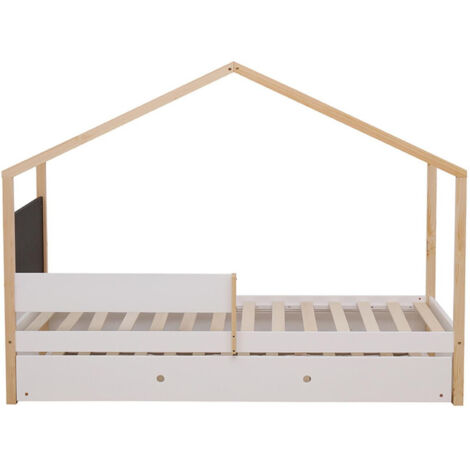 Lit cabane 90x190 cm en pin blanc et naturel et tableau noir (1/5)