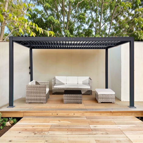 M&S – Pergola bioclimatique autoportée 4x3 m en aluminium gris – Installation sur base béton – Design contemporain pour terrasse