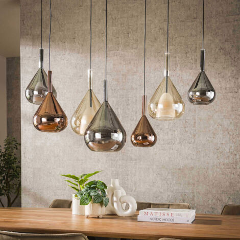 M&S – Suspension 7 lampes 120x150 cm en verre ambré, cuivré et chromé – Éclairage réglable – Structure métallique résistante – Abat-jours asymétriques