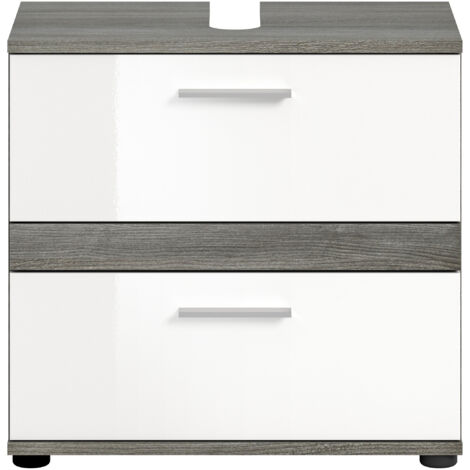 Meuble sous lavabo 2 tiroirs gris et blanc brillant - TWYNI (1/4)