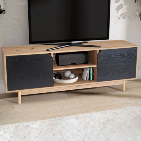 Meuble TV 2 portes 150x40x55 cm décor chêne et noir