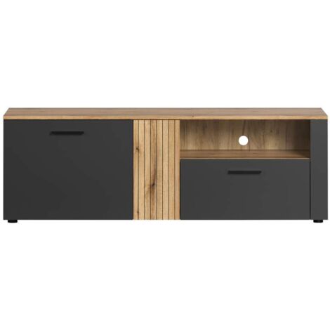 Meuble TV 2 portes 1 tiroir décor chêne et anthracite - LIAM (1/5)