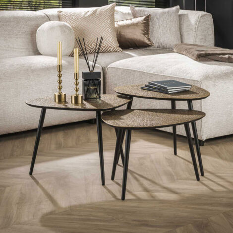 Lot de 3 tables basses galets 54 cm en bois et métal bronze antique