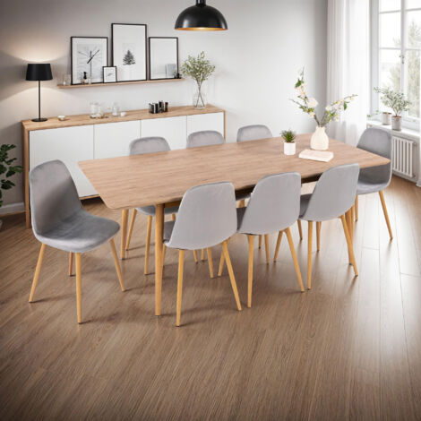 Table à manger extensible chêne + 8 chaises en velours gris - UBELI