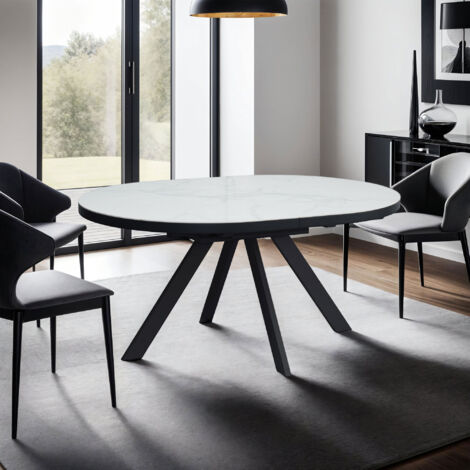 M&S – Table à manger extensible ovale 160-200 cm en céramique effet marbre blanc – Pieds en métal anthracite – Résistante aux rayures et à la chaleur