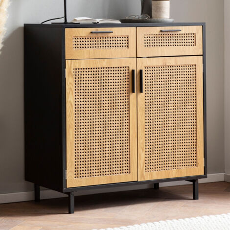 Buffet 2 portes 2 tiroirs noir et naturel inserts effet rotin - ROTZY