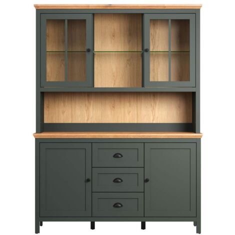 Calicosy – Buffet vaisselier 2 portes 3 tiroirs en chêne et vert foncé – Compartiments vitrés avec éclairage LED – Dimensions 146x45x198 cm (1/5)