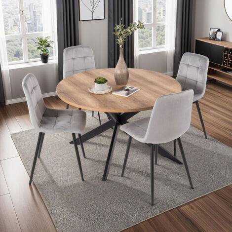 M&S – Ensemble table ronde naturel avec 4 chaises en velours gris – Dimensions table 120x120 cm – Piètement métal robuste – Salle à manger élégante