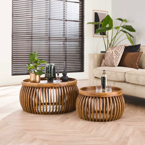 M&S – Lot de 2 tables basses rondes 80 et 60 cm en manguier finition couleur sable – Design moderne – Rangement sous la grande table