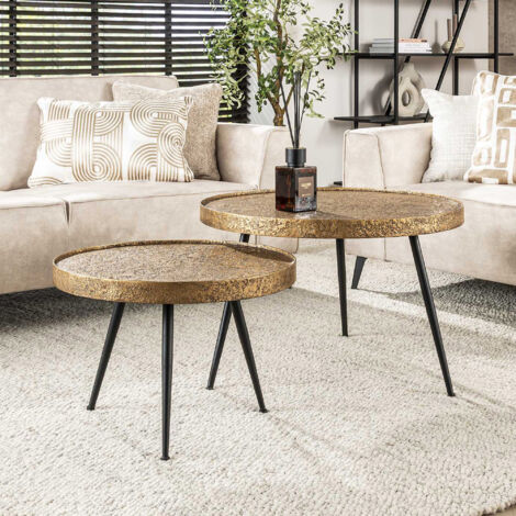 Lot de 2 tables basses rondes 74 et 58 cm en bois et métal bronze - NYJJO