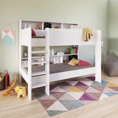 Le Quai Des Affaires – Lit superposé 90x190 cm – 2 sommiers en épicéa – Structure en panneaux de particules – Étagères de rangement blanches