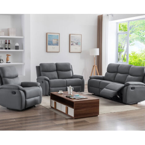 M&S – Ensemble 2 canapés relax manuel en PU anthracite – Structure en bois massif – Assise avec ressorts zigzag – Confort optimal