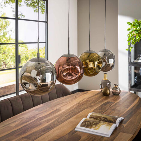 M&S – Suspension 4 lampes en verre doré, cuivré, chromé – Réglable jusqu'à 150 cm – Ampoule LED E27 60W max – Pour table à manger