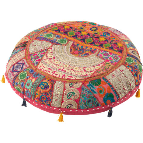 Pouf rond plat à motifs et pompons 70x70x20 cm en coton rose - XANAN (1/3)