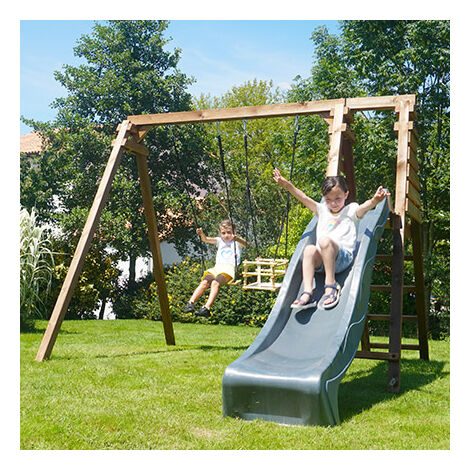 Portique 2,61 m avec toboggan, balançoire et siège bébé en bois