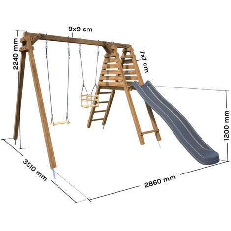 Portique 2,61 m avec toboggan, balançoire et siège bébé en bois