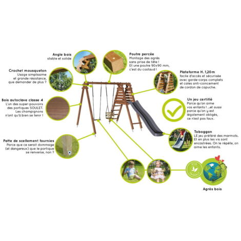 Portique 2,61 m avec toboggan, balançoire et siège bébé en bois