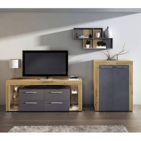 Etagère murale 4 niches 100x19,5x53 cm chêne grisé et anthracite